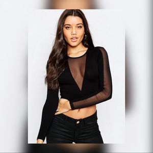 Black Mesh Deep V Cutout Long Sleeve Crop Top
